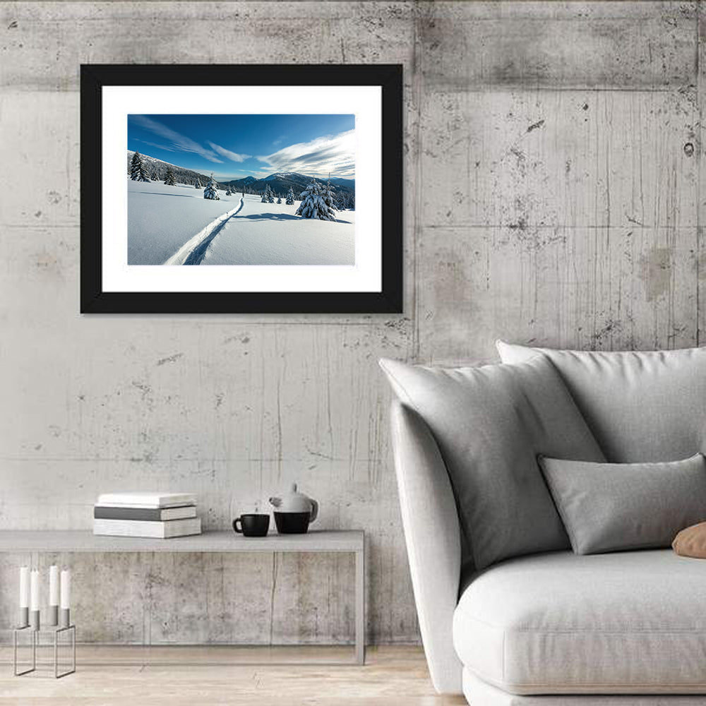 Snowy Carpathian Trail Wall Art in a room, landscape