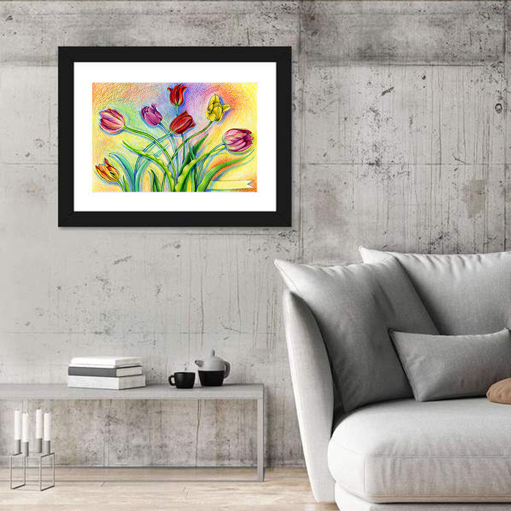 Colored Pencil Tulips Wall Art in a room, landscape