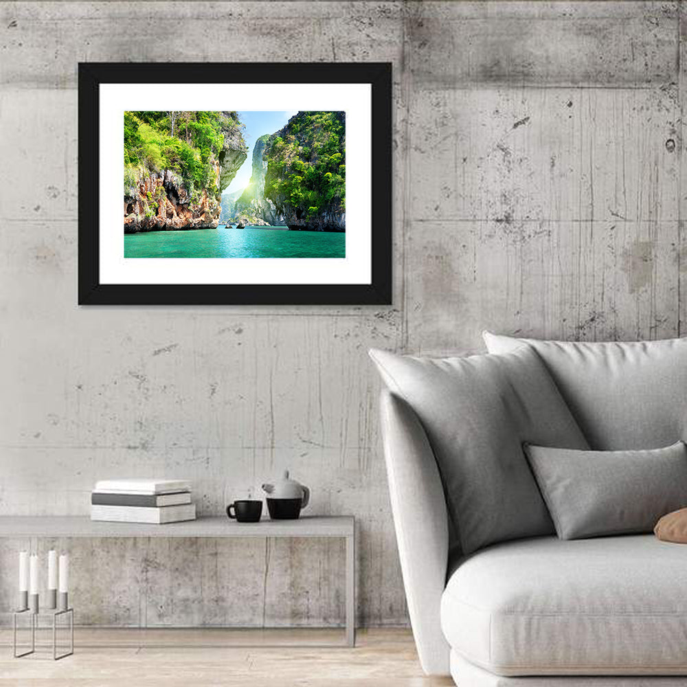 Krabi Cliffs and Teal Sea Wall Art in a room, landscape