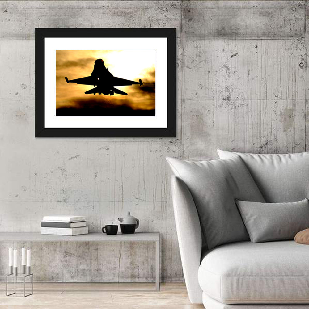 F-16 Landing at Golden Sunset Wall Art in a room, landscape
