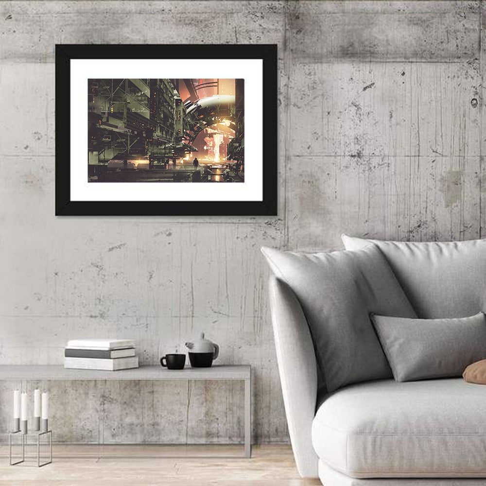 Cyberpunk City Wall Art in a room, landscape
