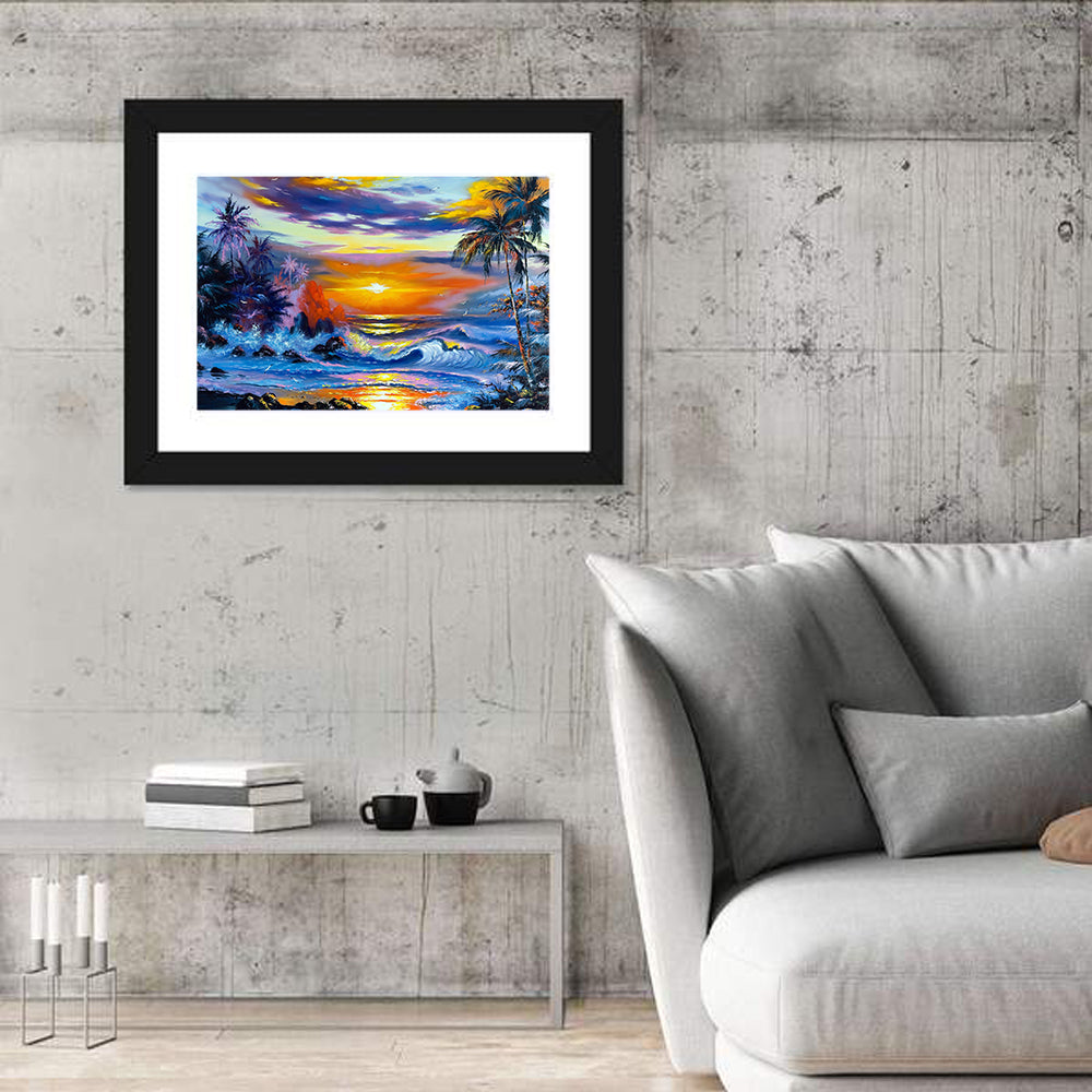 Evening Coastal Sunset with Palm Silhouettes Wall Art