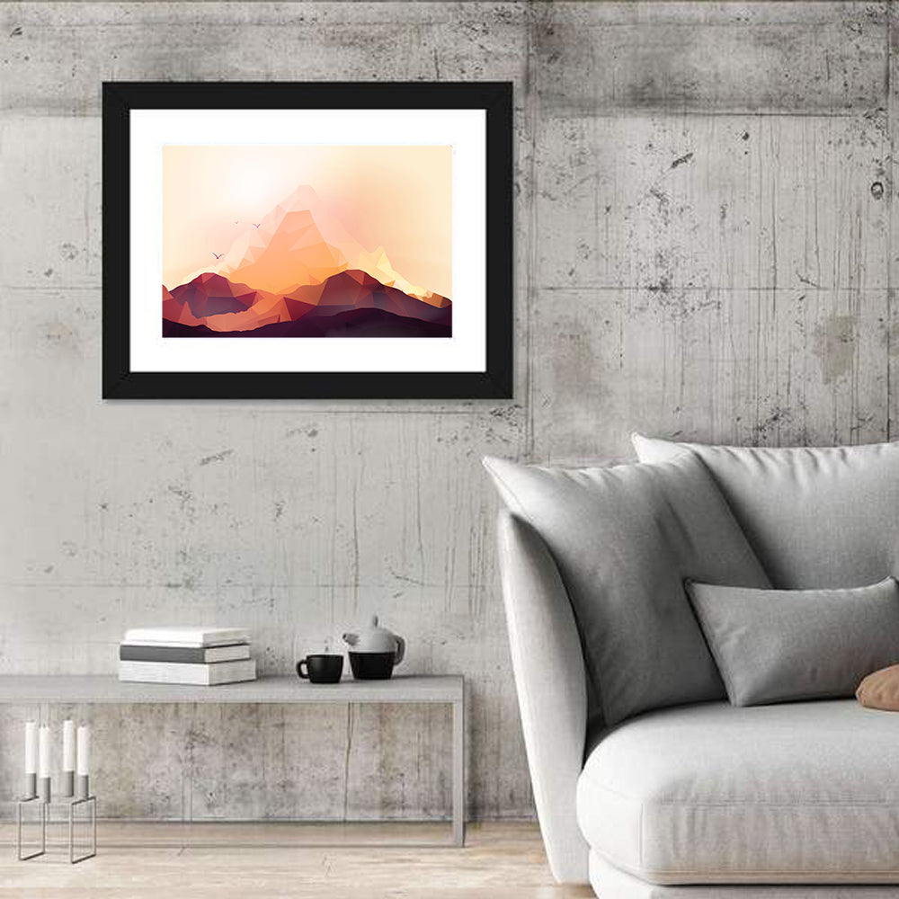 Geometric Mountain Sunset Illustration Wall Art in a room, landscape
