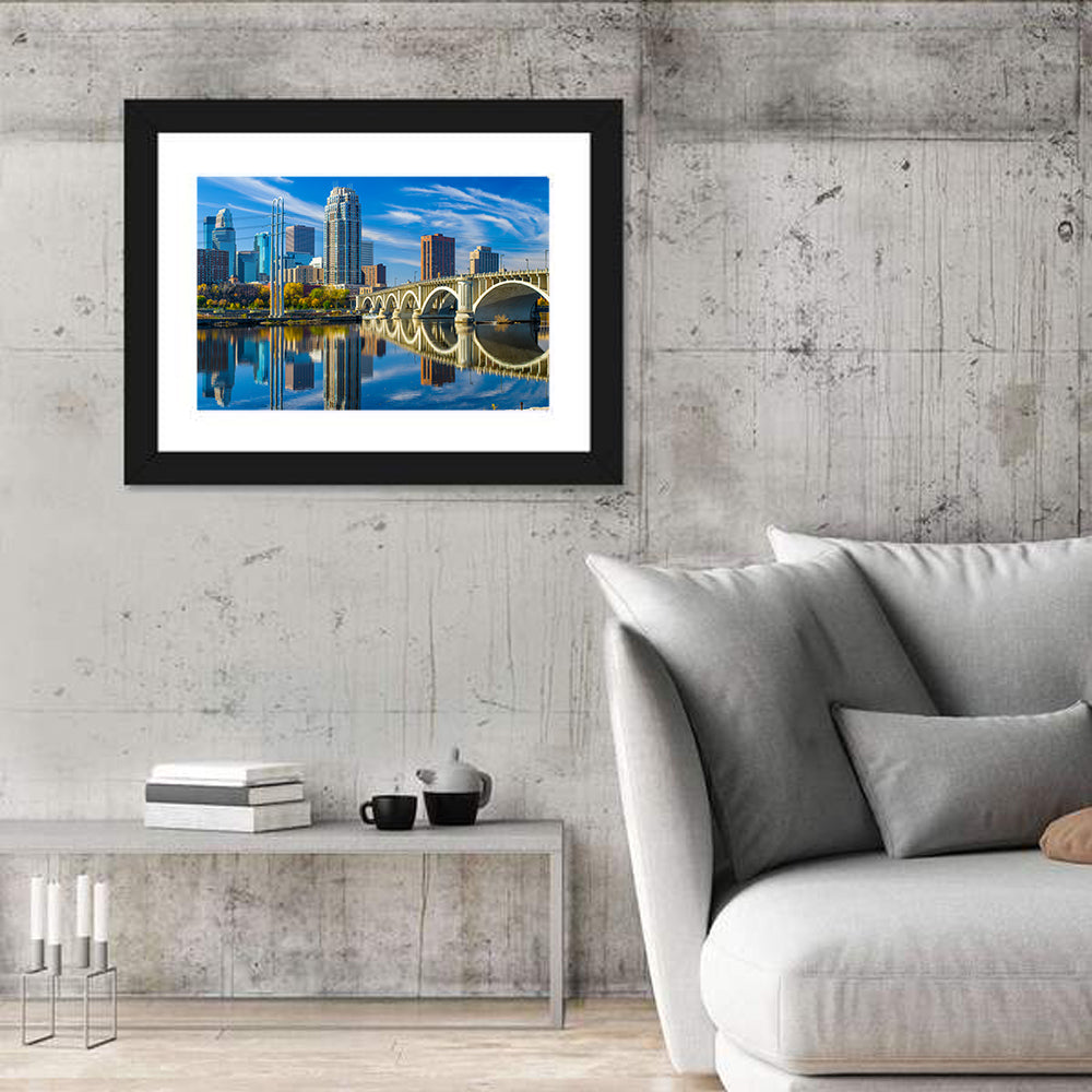 Minneapolis Skyline with Third Avenue Bridge Wall Art in a room, landscape