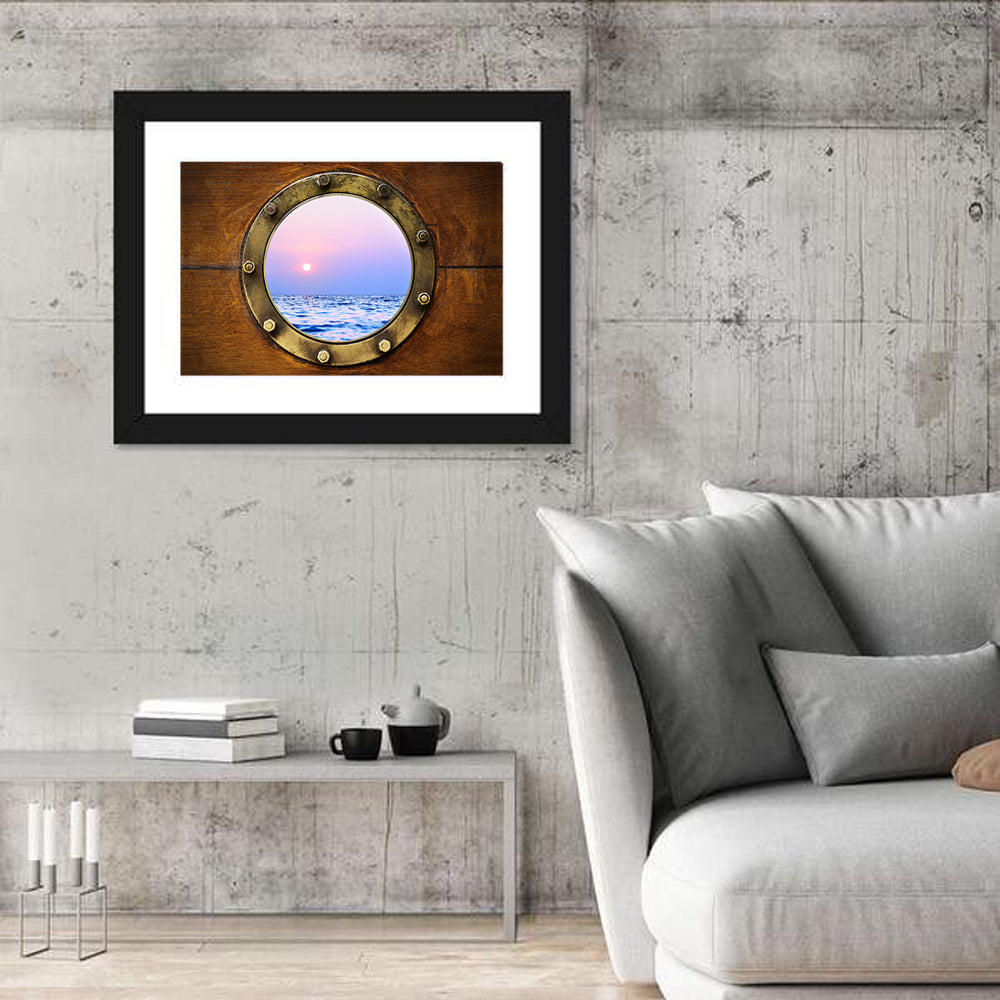 Brass Porthole with Sunset Horizon Wall Art