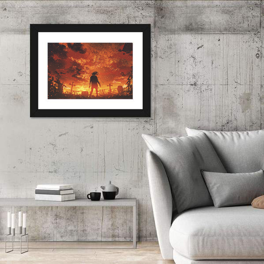 Zombie Walking Through Burnt Cemetery Wall Art in a room, landscape