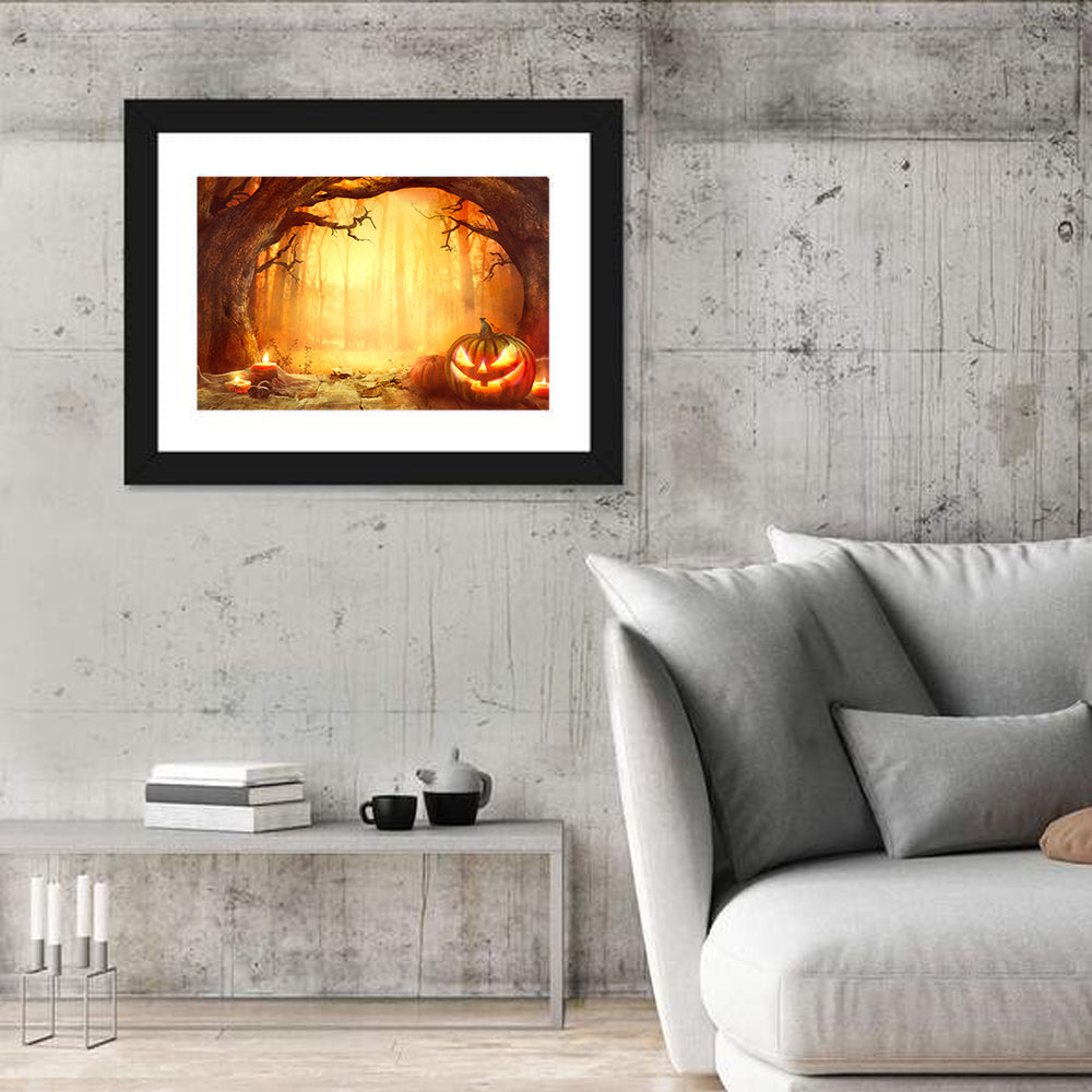 Halloween Jack O'lantern in Dark Forest Wall Art in a room, landscape