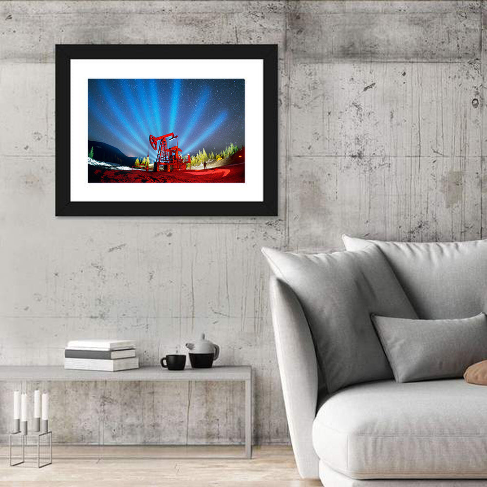 Starry Night Oil Pump Jack Wall Art in a room, landscape