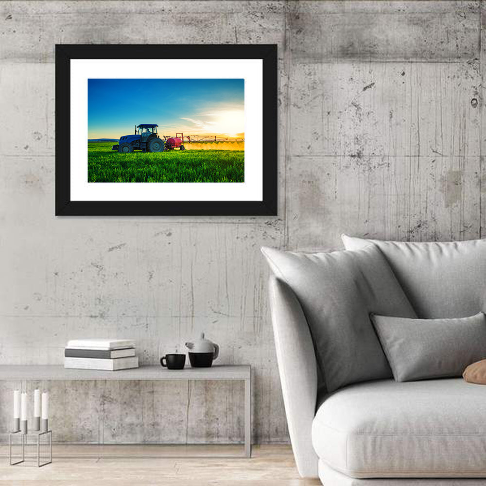 Tractor Spraying Crops at Golden Hour Wall Art