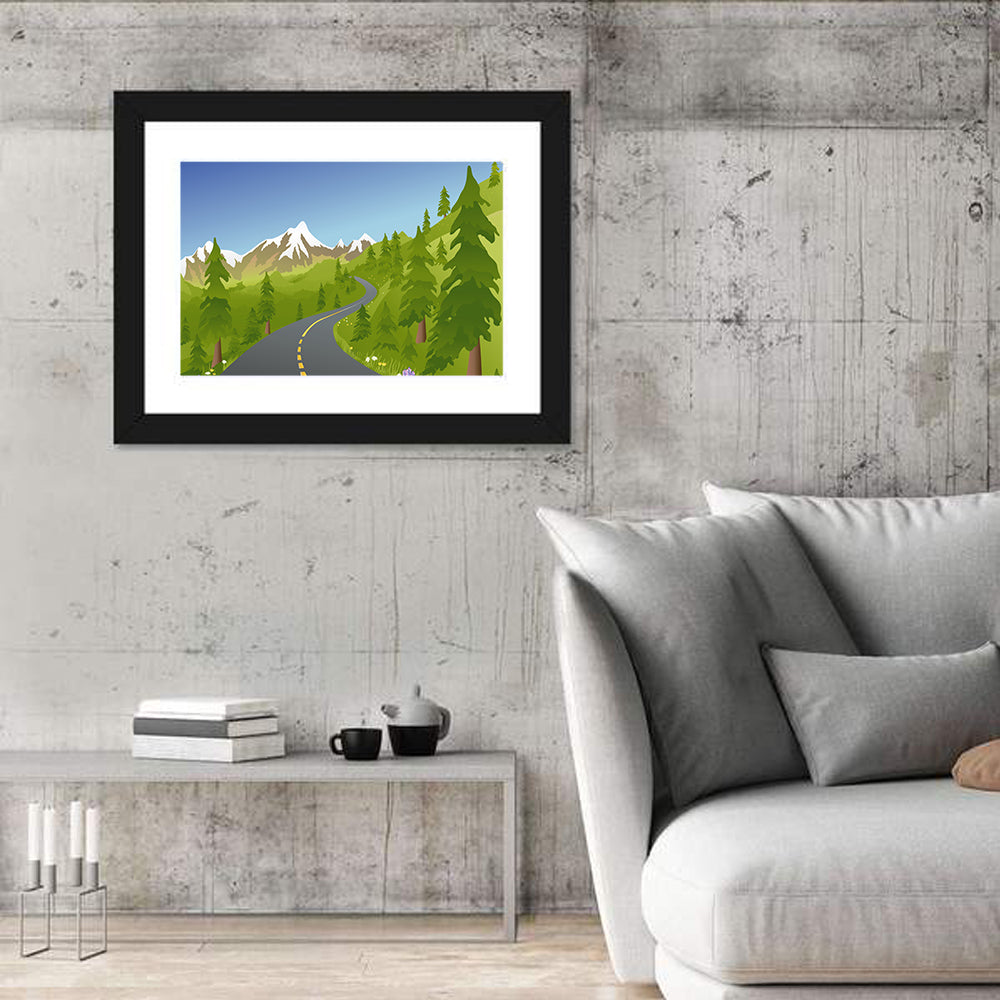 Summer Mountain Road Illustration Wall Art in a room, landscape