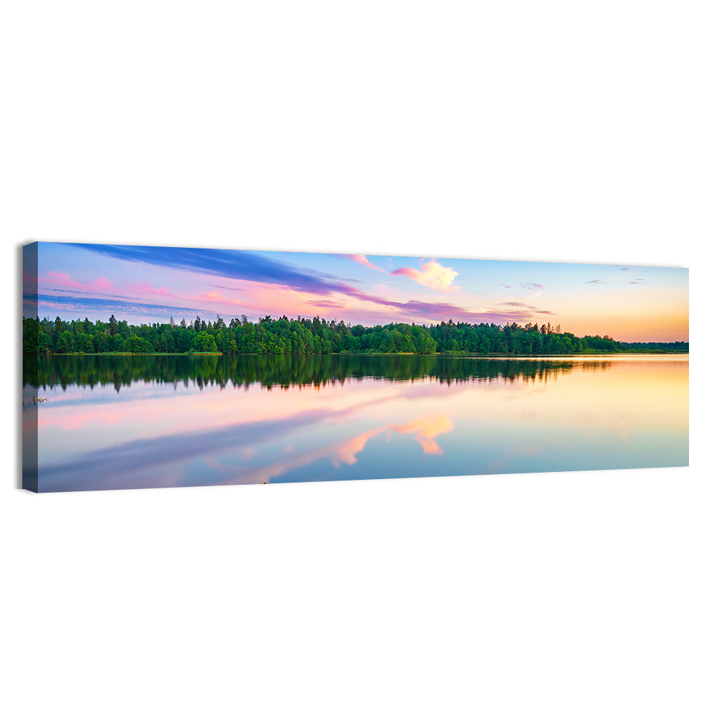 Colorful Sunset Over Forest Lake Wall Art, canvas print, panoramic