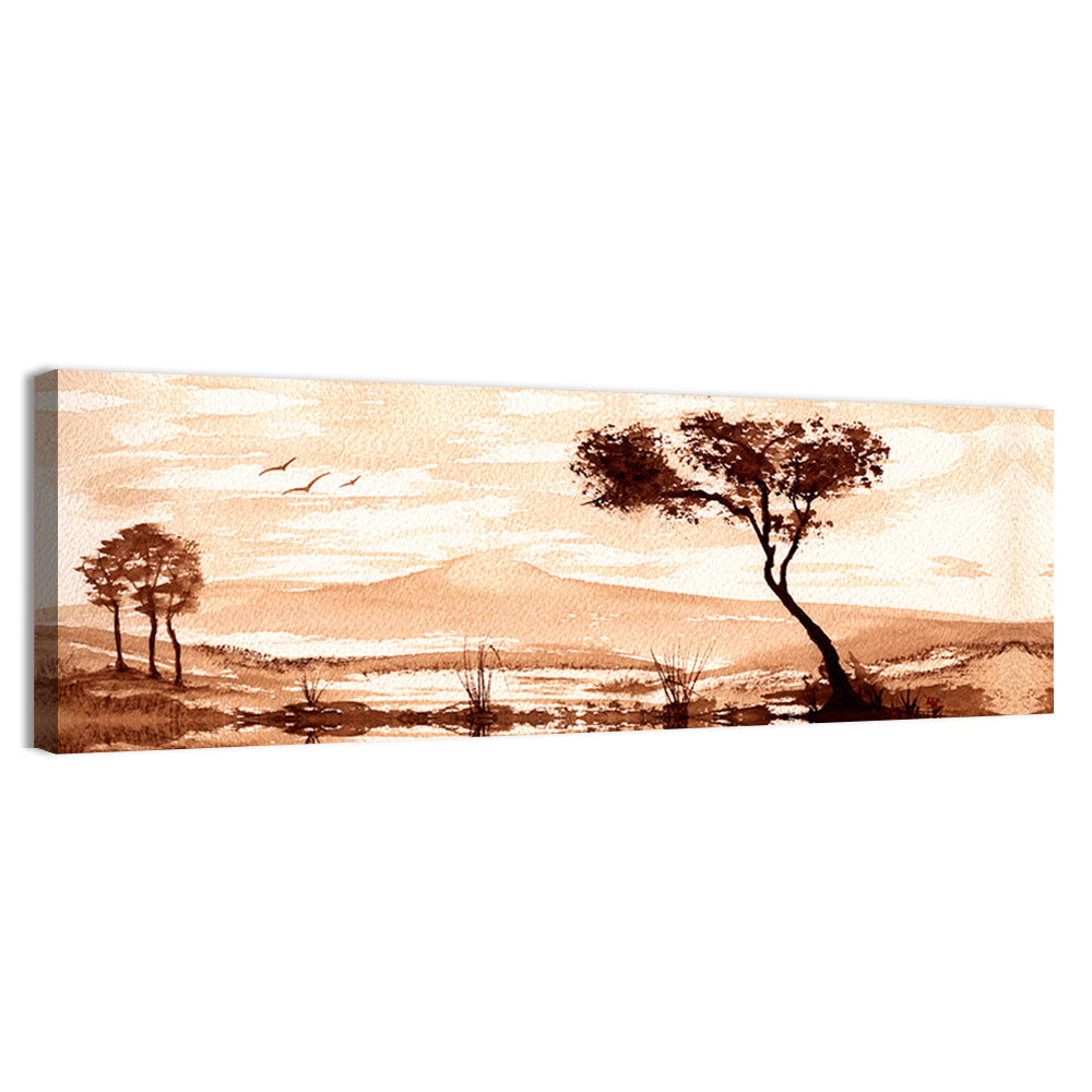 Sepia Lakeside Landscape Wall Art, canvas print, panoramic