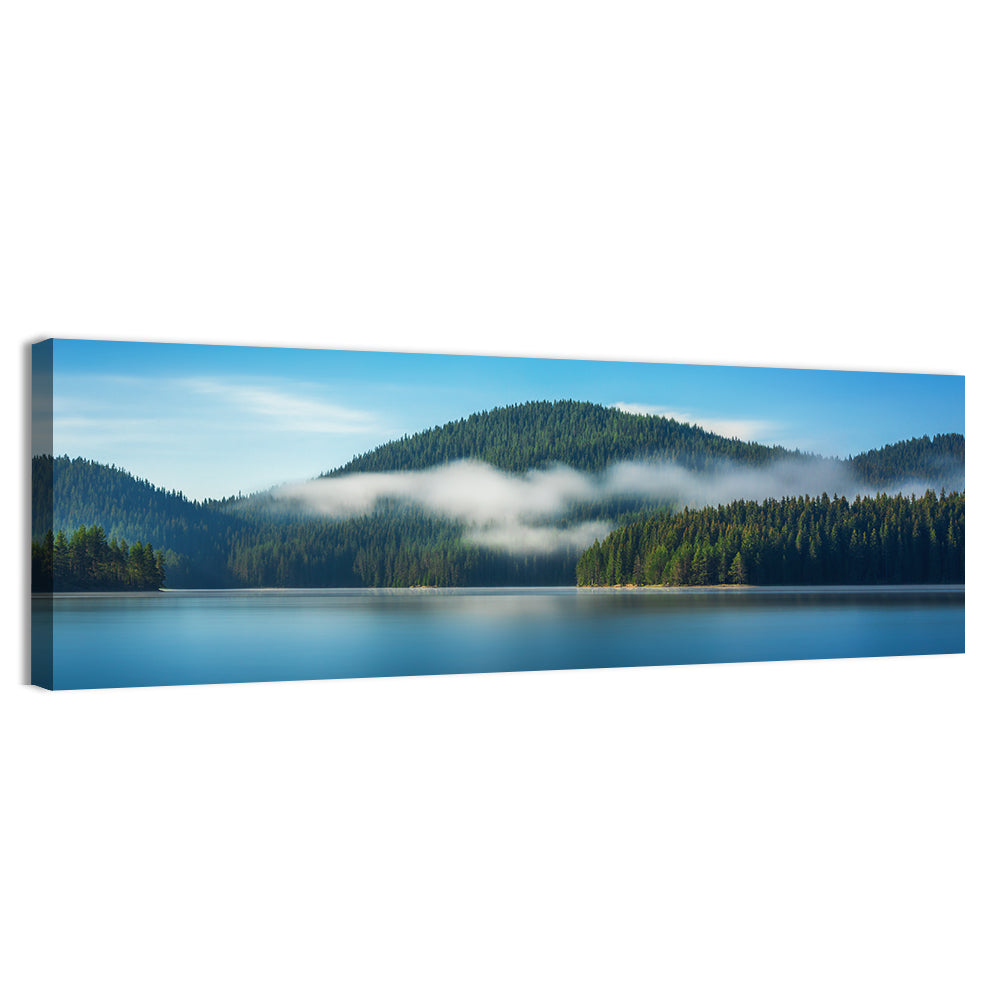 Misty Morning Over Mountain Lake Wall Art, canvas print, panoramic