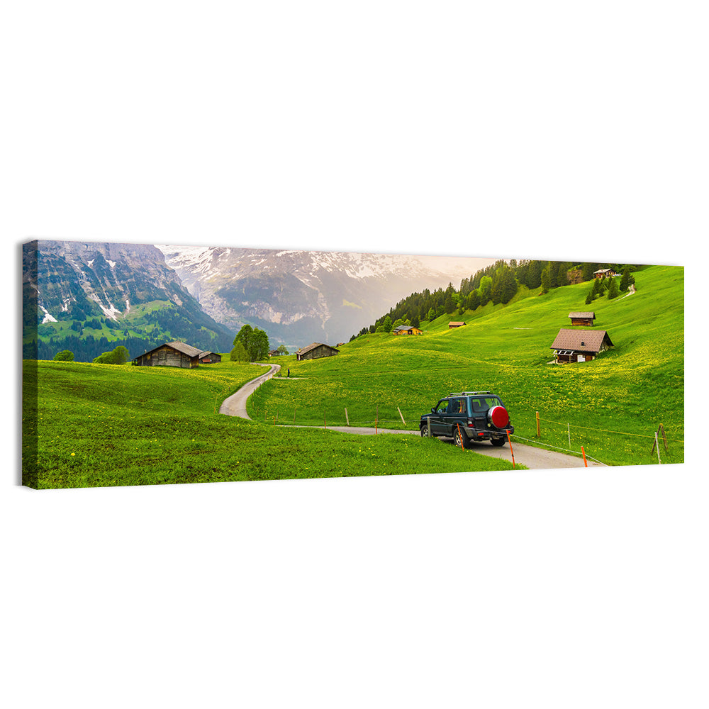 Grindelwald Alpine Village Road Wall Art, canvas print, panoramic