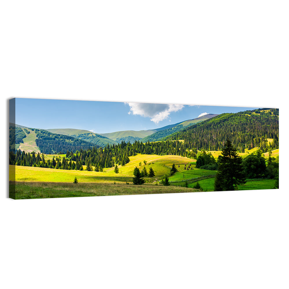 Sunlit Haystacks on Rolling Grassy Hills Wall Art, canvas print, panoramic