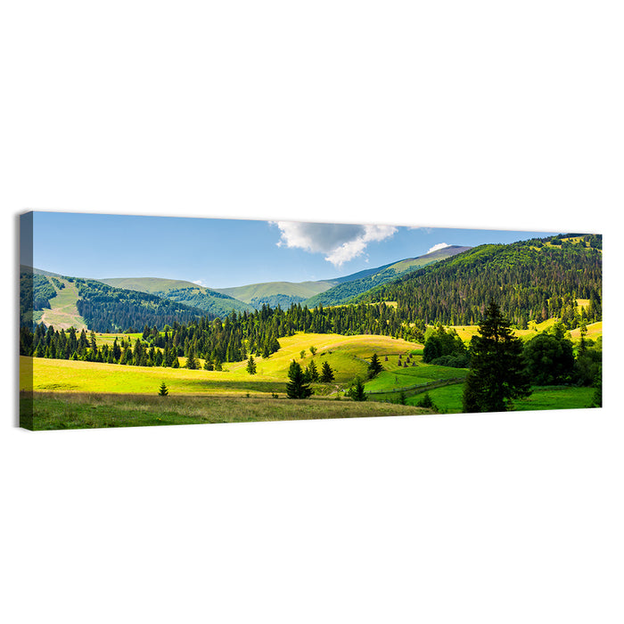 Sunlit Haystacks on Rolling Grassy Hills Wall Art as a canvas print
