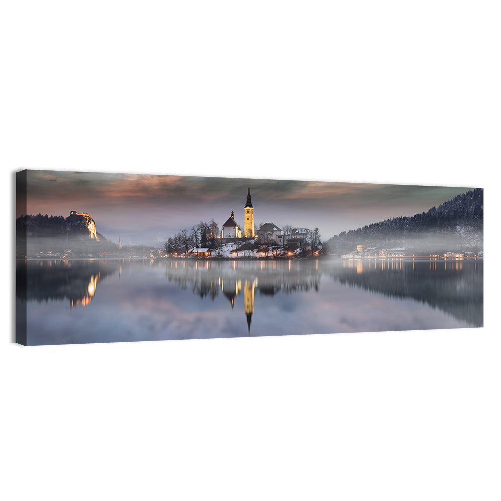 Lake Bled Misty Sunset Wall Art, canvas print, panoramic
