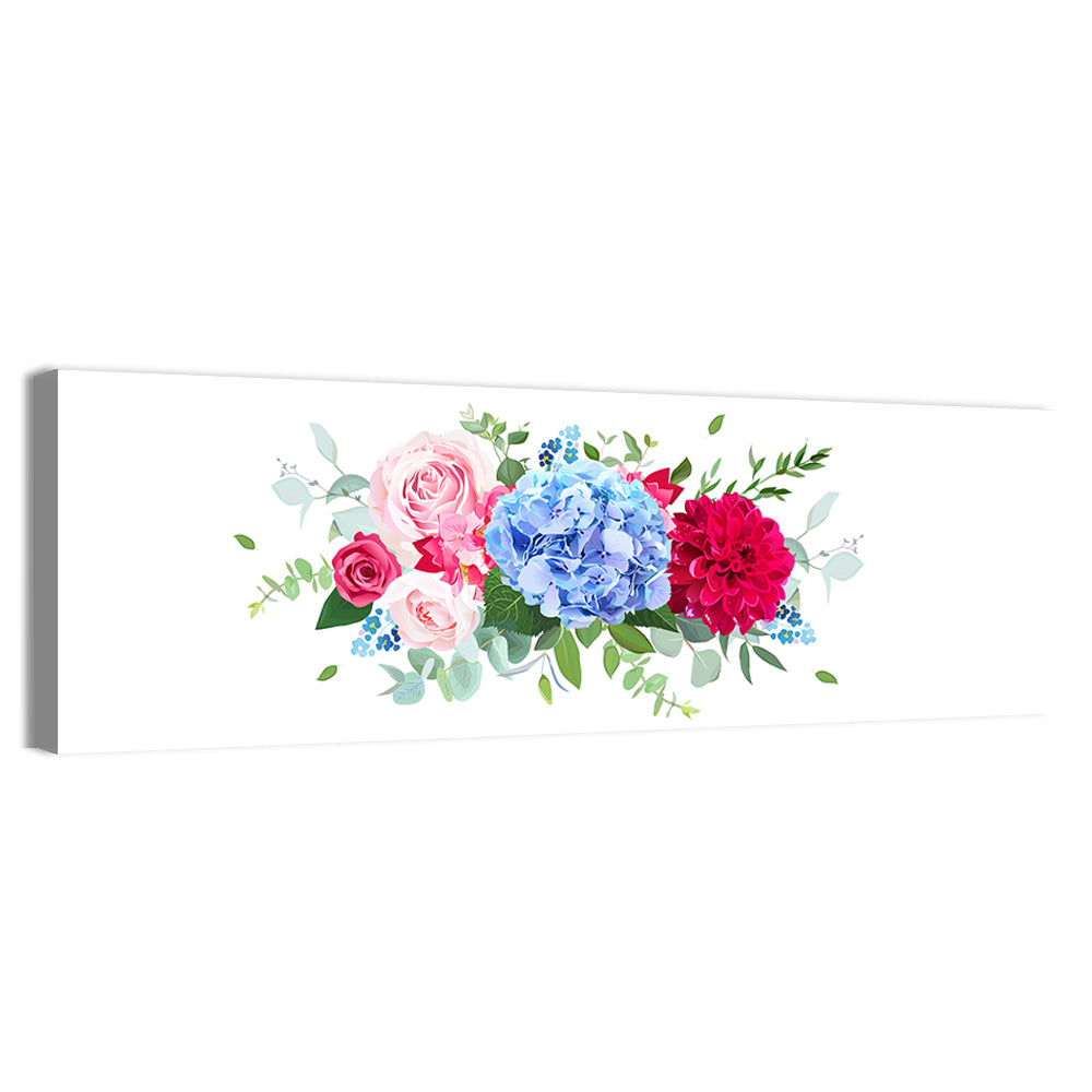 Summer Hydrangea, Dahlia and Rose Bouquet Wall Art, canvas print, panoramic
