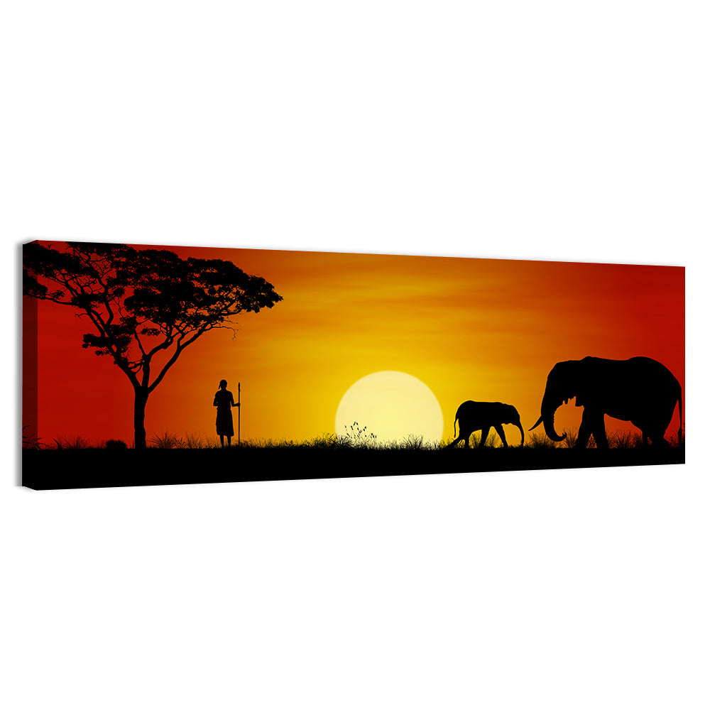 Massai Warrior and Elephants at Sunset Wall Art, canvas print, panoramic