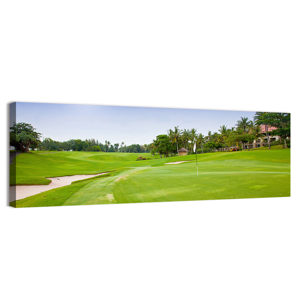 Sunny Putting Green with Palm Trees Wall Art, canvas print, panoramic