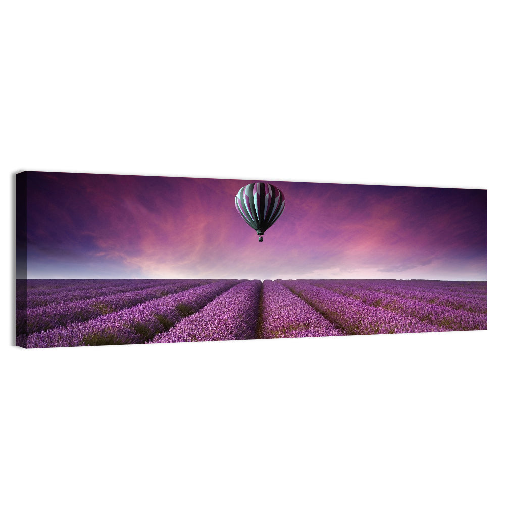 Hot Air Balloon Over Lavender Field Wall Art, canvas print, panoramic