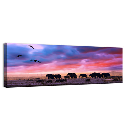 Elephants In Savannah Sunset Wall Art