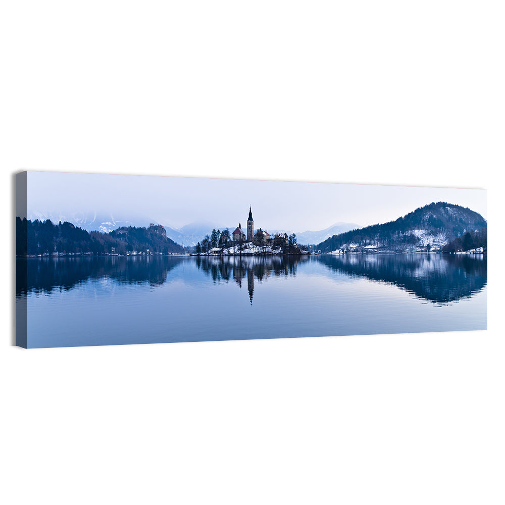 Bled Island Church in Winter Wall Art, canvas print, panoramic