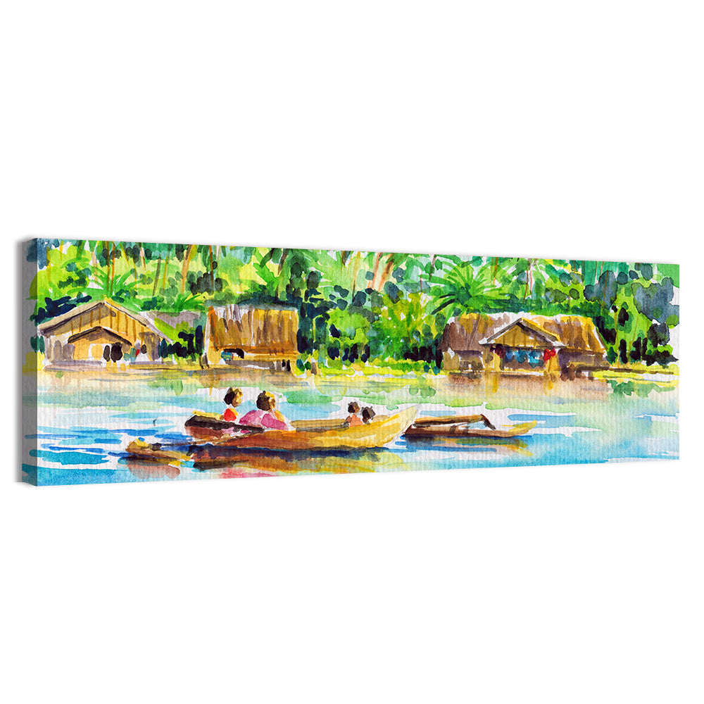 Boat in Tropical Village Wall Art, canvas print, panoramic