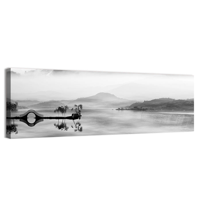 Misty Chinese Lake with Bridge Wall Art as a canvas print