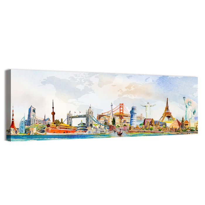Watercolor World Landmarks Montage Wall Art as a canvas print