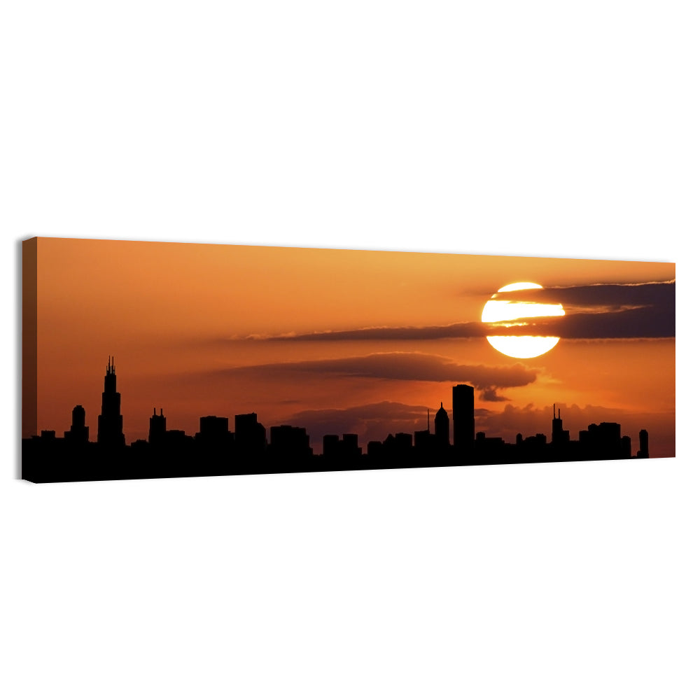 Chicago Skyline at Sunset Wall Art in a room, panoramic