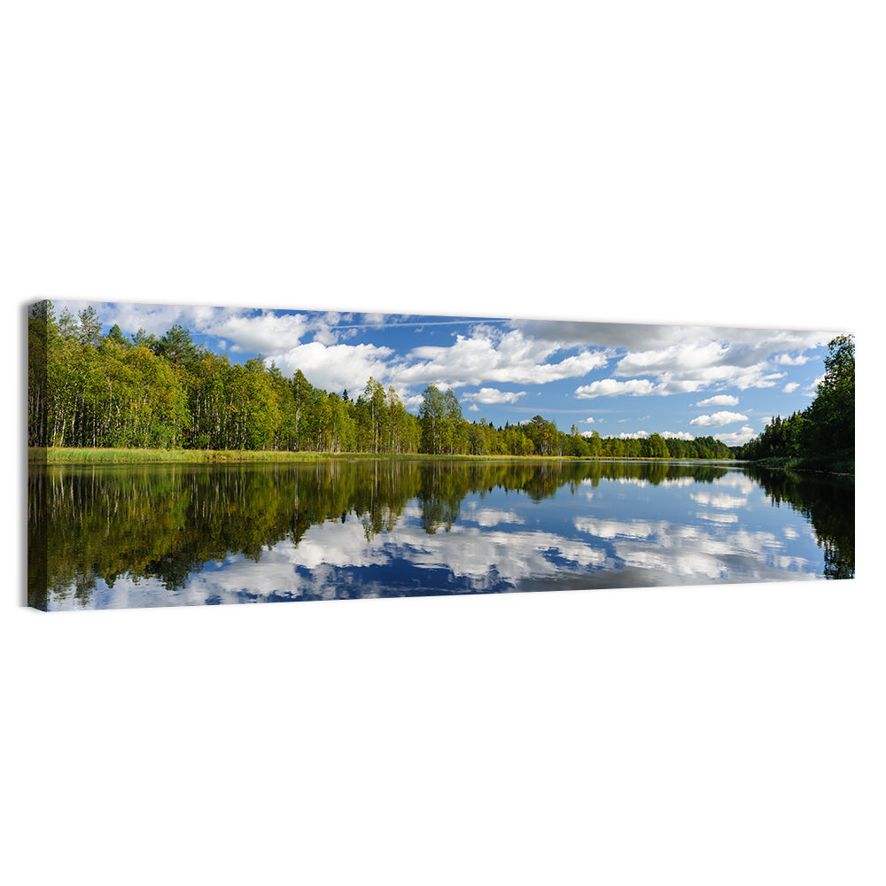 Red Kayak on Calm Lake Wall Art, canvas print, panoramic