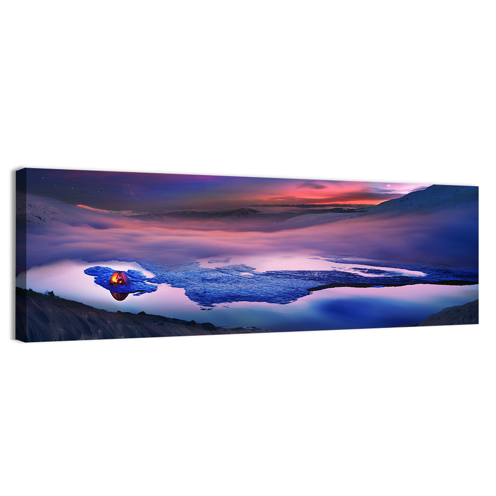 Glowing Tent on Frozen Mountain Lake Wall Art