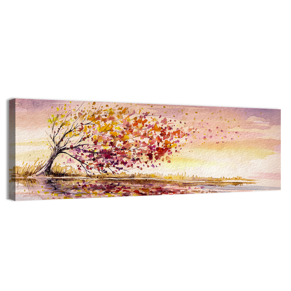 Windblown Autumn Tree Reflection Wall Art, canvas print, panoramic