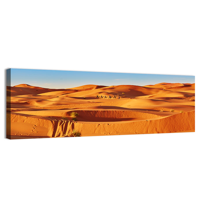 Sunlit Sahara Dunes with Camel Caravan Wall Art as a canvas print