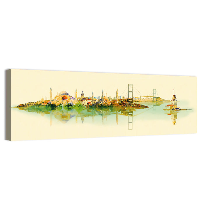 Istanbul Bosphorus Watercolor Skyline Wall Art as a canvas print