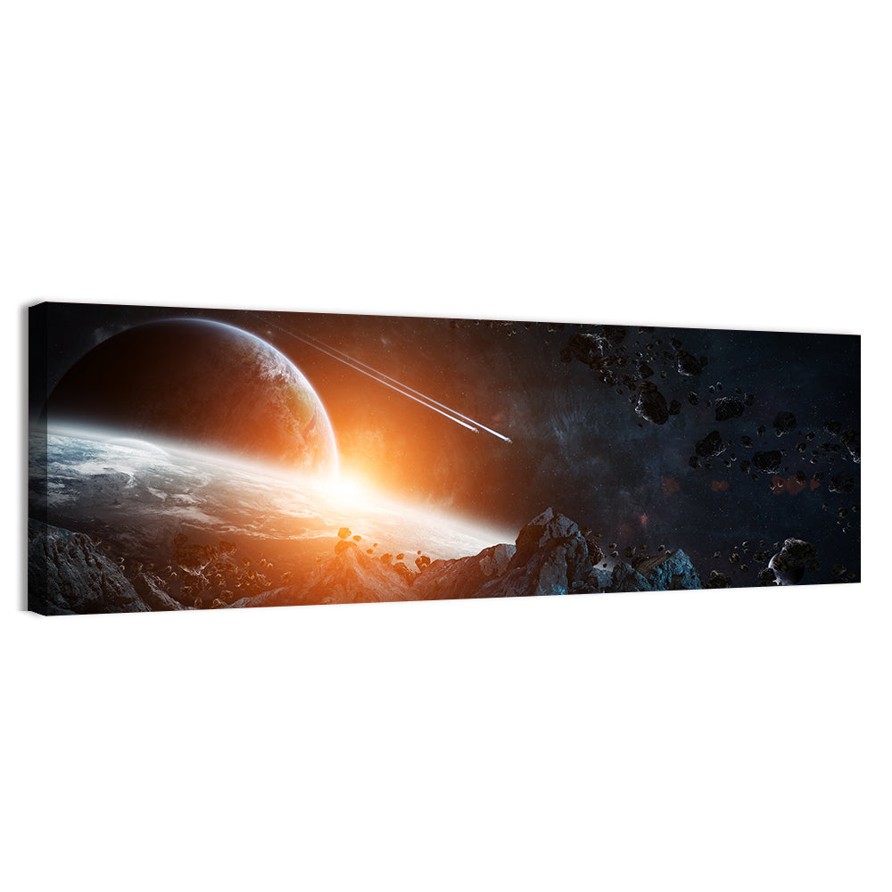 Gigantic Asteroids Over Ringed Planet Wall Art