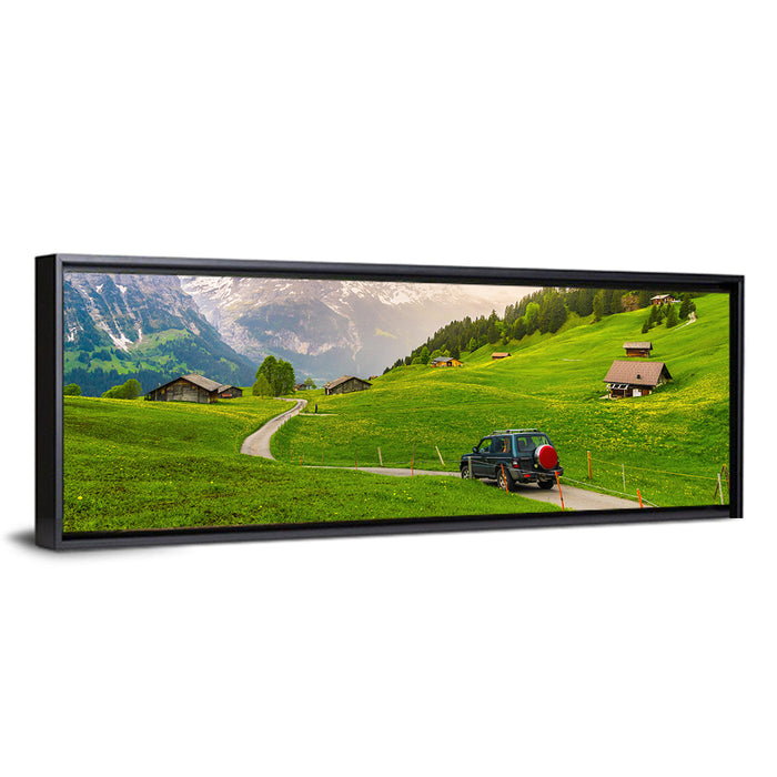 Grindelwald Alpine Village Road Wall Art as a framed canvas