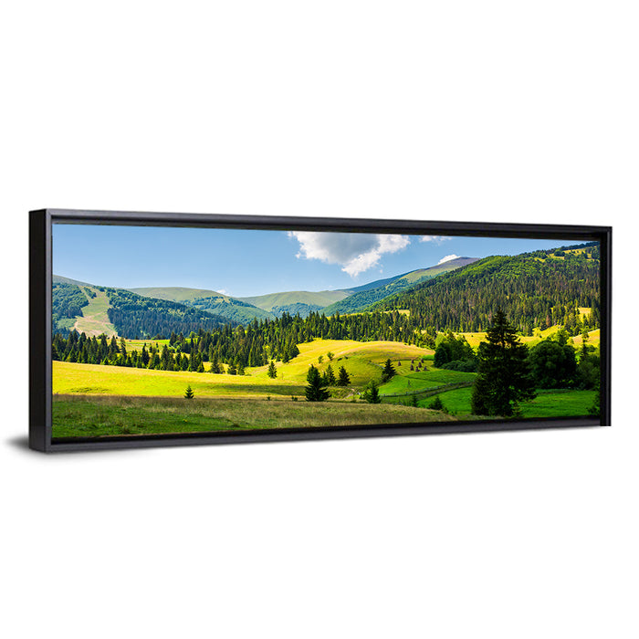 Sunlit Haystacks on Rolling Grassy Hills Wall Art as a framed canvas