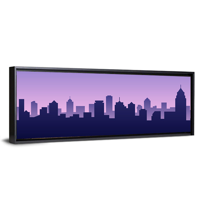 Purple American City Silhouette Wall Art as a framed canvas