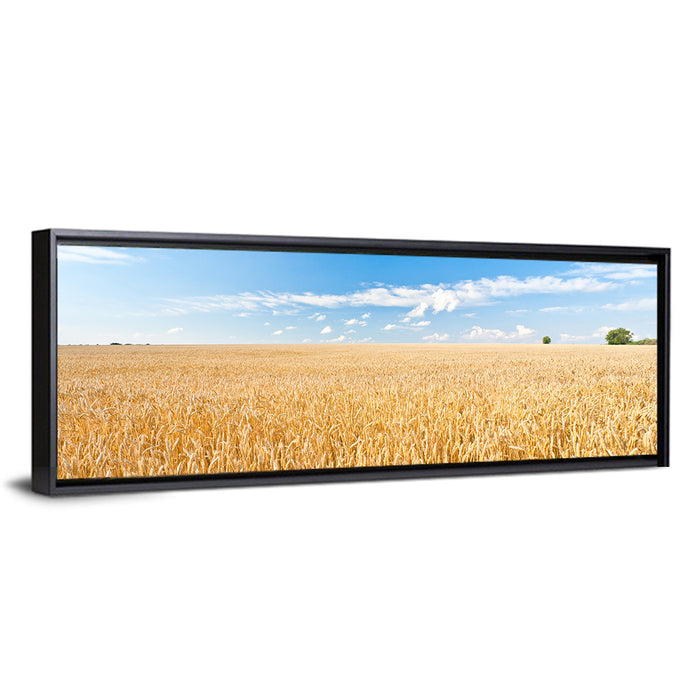 Golden Wheat Field with Blue Sky Wall Art as a framed canvas