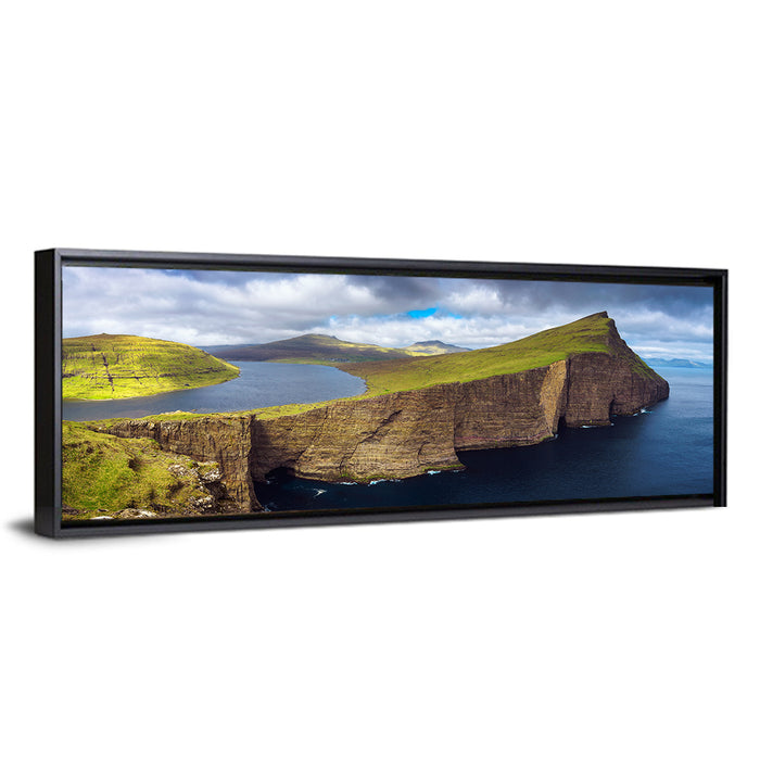 Sørvágsvatn Cliff Overlook Wall Art as a framed canvas
