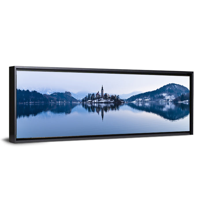 Bled Island Church in Winter Wall Art as a framed canvas