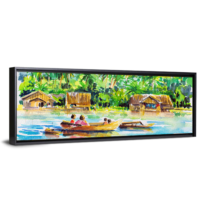 Boat in Tropical Village Wall Art as a framed canvas