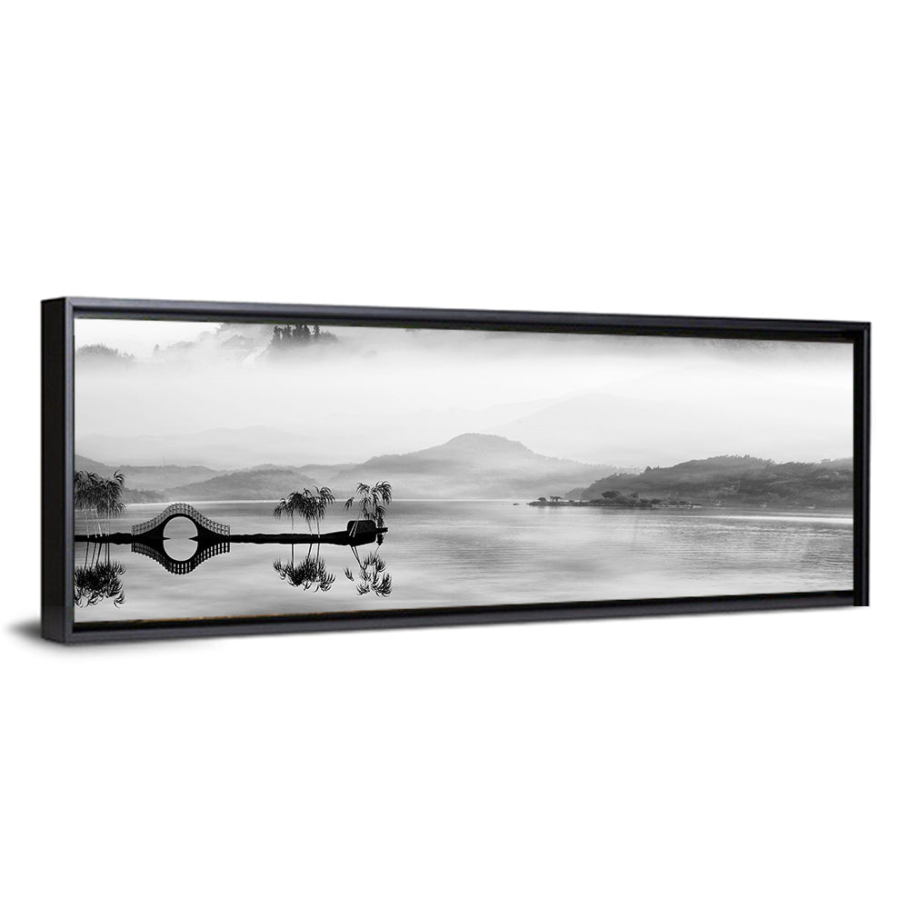 Misty Chinese Lake with Bridge Wall Art