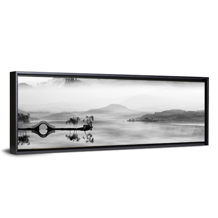Misty Chinese Lake with Bridge Wall Art as a framed canvas