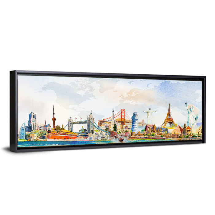 Watercolor World Landmarks Montage Wall Art as a framed canvas