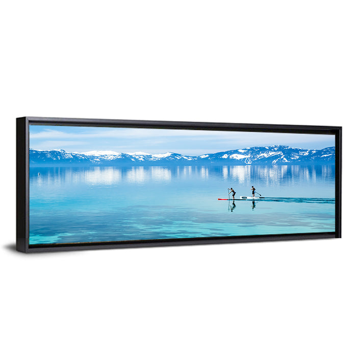 Two Paddleboarders on Mountain Lake Wall Art as a framed canvas