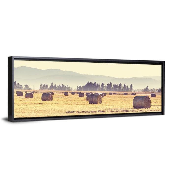 Golden Hay Bales Field Wall Art as a framed canvas