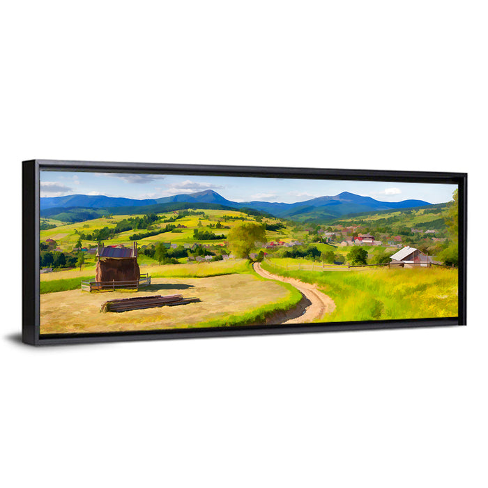 Summer Mountain Village Wall Art as a framed canvas